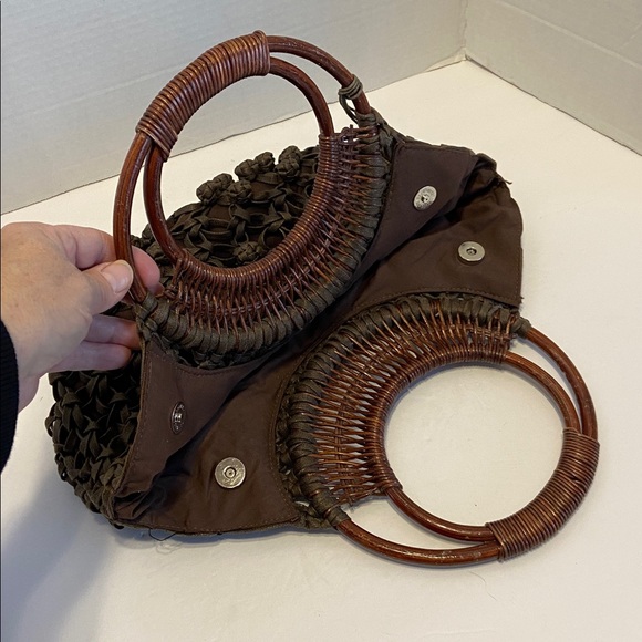 Coldwater Creek Macrame’ Brown mid-size bag with dual Round wicker handles BOHO - Picture 5 of 11